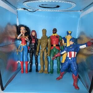 Marvel DC Mixed Lot 6 Plastic Action Figures Wonder Woman Groot Wolverine Robin
